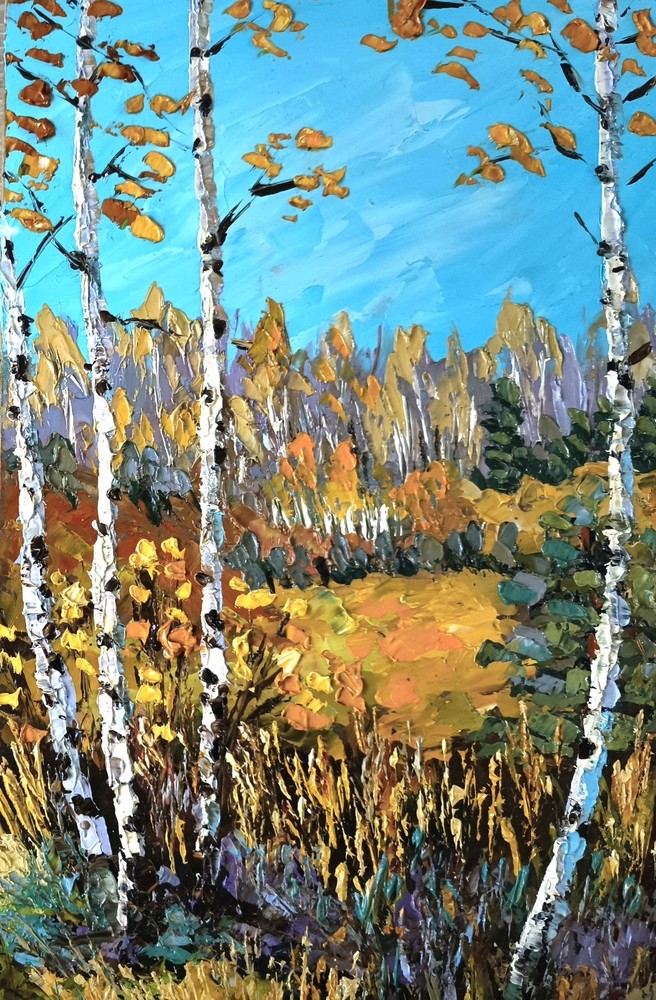 Original Oil Painting Autumn Birch Forest Textured Landscape 8x12in Panel Signed