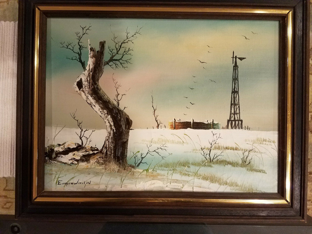 EVERETT WOODSON WINTER NO BARN TREE WINDMILL OIL PAINTING FRAMED ORIGINAL