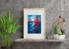 Sailboat Art Oil Night Landscape Art Boats Original Painting Small Nautical