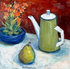 Silvia Trujillo Art original impasto oil still life retro coffee tea pot w/ pear