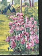 VTG Original Pink Flower GARDEN LANDSCAPE Linen Nailhead 10.75×12.75” Signed