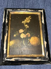 VTG Still Life Oil Painting Moody Chiaroscuro Floral & Fruit Ornate Patina Frame