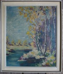 Tree At Shore Oil Painting Monogram S.H.Autumn Birch Antique Lake Forest Frame