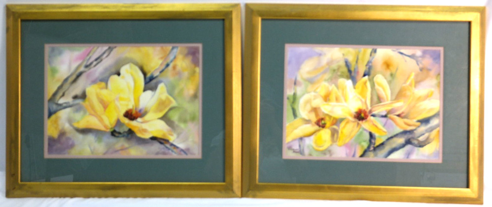 Watercolor Artist Elaine Dube – Pair of Magnolia Paintings 18 1/2″ x 22 1/2″
