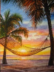 Watercolor Painting Ocean Beach Hammock Summer Vacations Sunset Florida ACEO Art