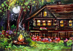ACEO Original PAINTING Summer CABIN Flowers Fire Night Stars Landscape ATC ART