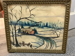 Watercolor Winter Scene, Unknown Artist, Framed 18” X 15”