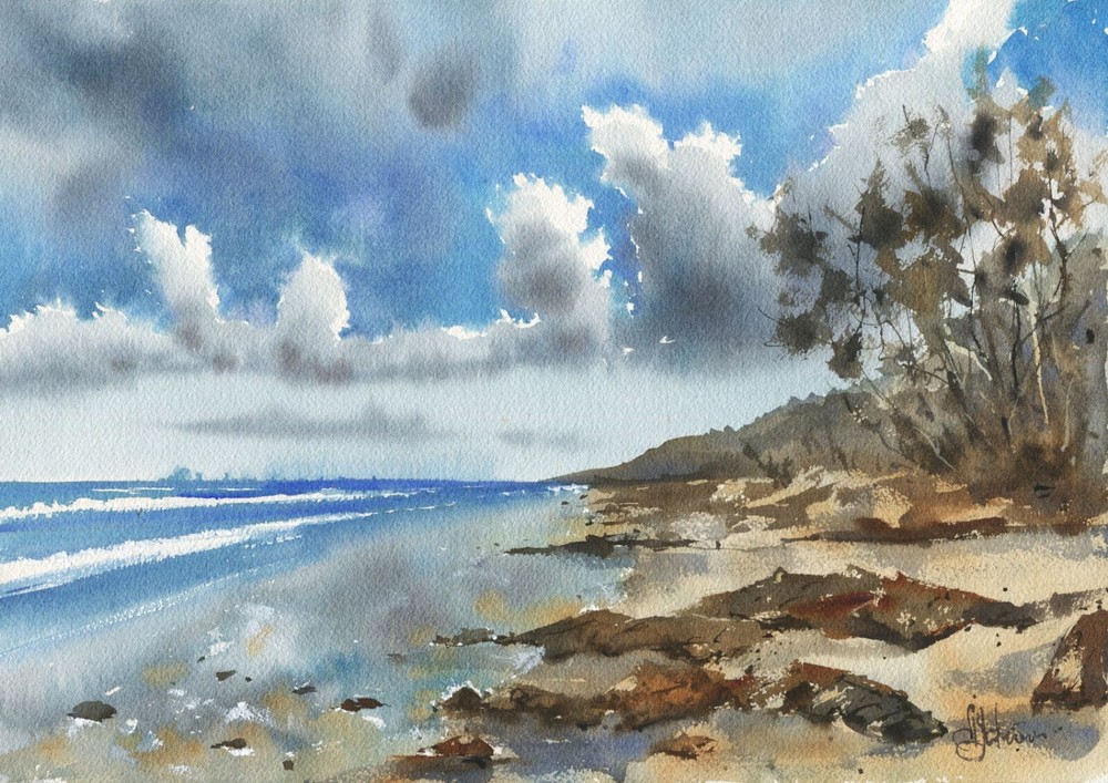 Seascape – Original 11.7 x 16.5″ Watercolor Painting with Waves and Clouds