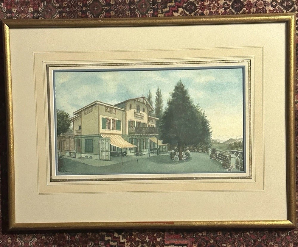Antique Original Watercolor By Jean Danner 1868 -1939 Swiss Alps Inn Cafe