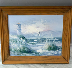 Vintage Seascape Oil Painting Signed Lighthouse Beach Waves Coastal Art