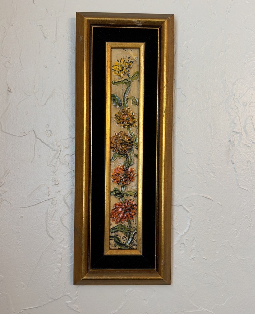 Vintage MCM Dorothy Saar Signed Acrylic 3D Impasto Floral Painting 15.5”x5.5”
