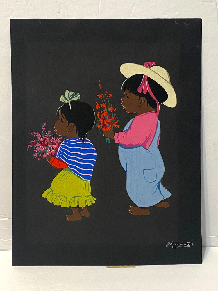 Vintage Luis Betanzos Gouache on Paper Mexican Children Flowers Colorful Mexico