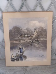 Vtg 1940-50s Sail Boat Sea Nautical Watercolor Signed 10.25”x12.25” (8”x9.75”)