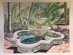 FOUNTAIN at COCONUT GROVE Original Watercolor & Pen & Ink art K Jones Miami FL