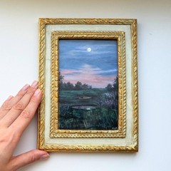 Miniature Moon Landscape Painting Original Night Vintage Ornate Frame Art Purple