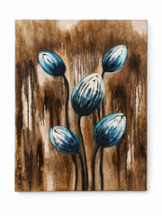 Large Abstract Blue Floral Canvas Wall Art Painting Brown Beige Modern Decor