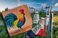 Rooster Painting Original Oil Artwork 100% Handmade Bird Art by Irene Pandin