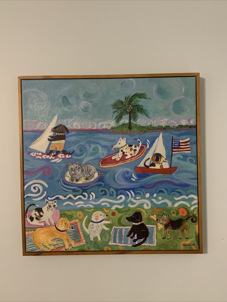 Karen Fields Dogs On The Beach Canvas Painting 19×19