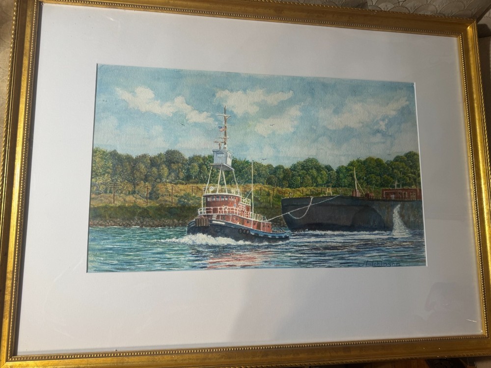 Large John Hutchinson (b1934) „Tug Boat Scene“ Watercolor Painting-Signed/Framed