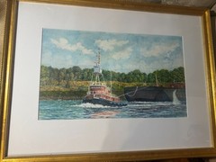 Large John Hutchinson (b1934) „Tug Boat Scene“ Watercolor Painting-Signed/Framed