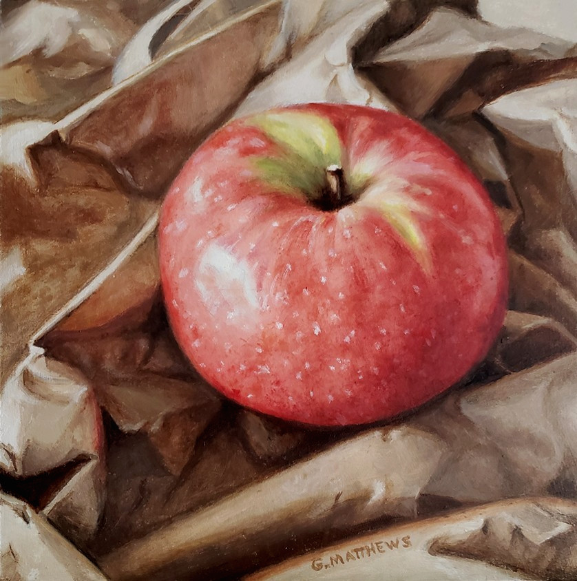 Original Oil Painting Apple in Wrapping Paper Still Life 6 x 6 x 1/8 in. NEW