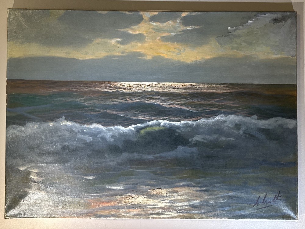 Antique Oil Painting Seascape At Dusk Signed Illegible Impressionist Master
