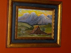 ORIGINAL Cabin Barn Mountain Landscape Blooming Trees Vintage Canvas Painting