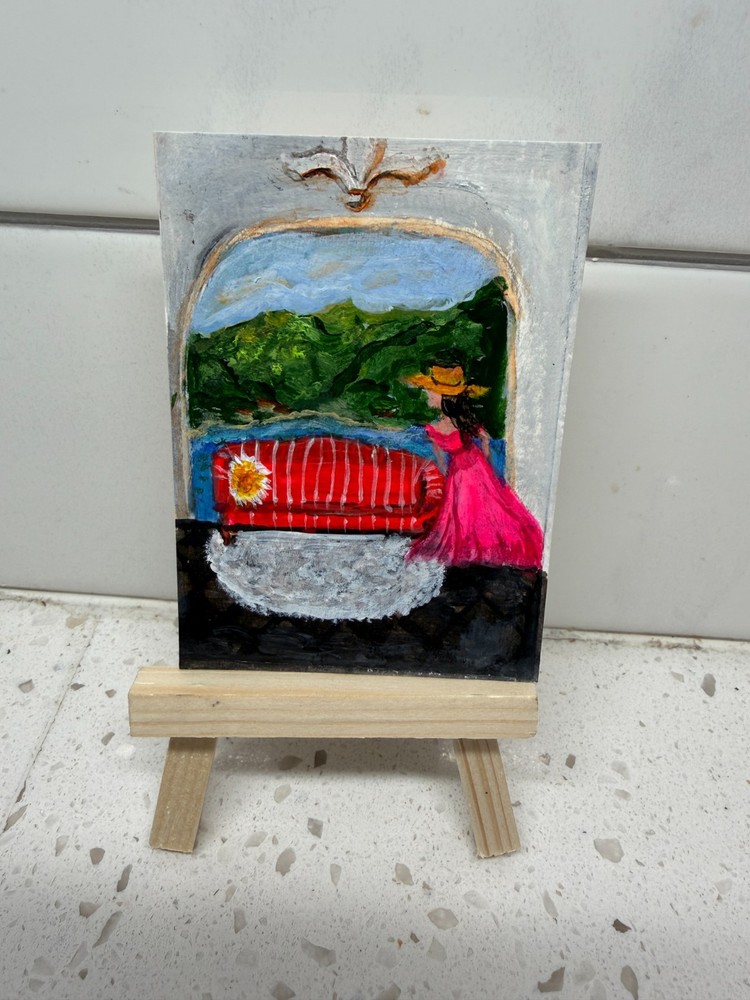 Aceo Italy Lady of the Lake Como building red couch mountain and lake view
