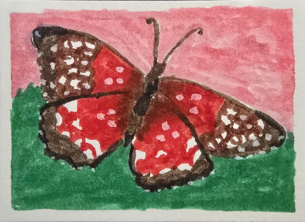 ACEO ATC OOAK Butterfly Watercolor Pen Scarlett Flight By Stacey Ann