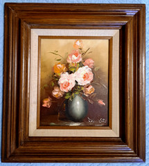Pink Roses Still Life Oil Painting 17″x 14.5″ Framed Matted Signed From Mexico