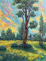 Impressionism oil painting, tree evening landscape house, size: 18” x 24” inch