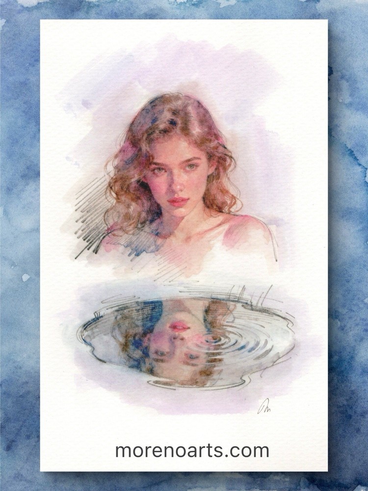 Original Watercolor Painting Female Portrait Book Page Size (5.5 × 8.5 inches)