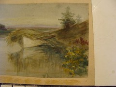 ART–1800’s water color landscape by Elizabeth F Merrill-BOAT HAY WATER TREES