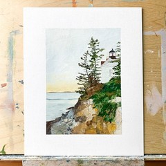 8×10 Maine Original Oil Painting Acadia Bass Harbor Lighthouse Seascape Signed