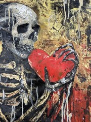 original skeleton heart hand painted oil artwork 34”x27”inches OBO