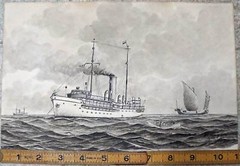 Incredibly detailed Charcoal Drawing Steamship and Chinese Junk H Huyser 1940