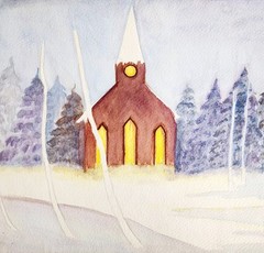1960s Folk Art Original Watercolor Painting Winter Church Snowy Landscape DWJJ4