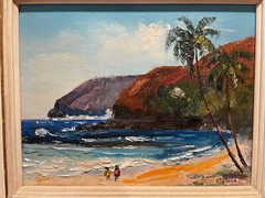 ORIGINAL RARE OSHINO OKUDA PAINTING BEACH SCENE CUSTOM FRAMED 8X10 HAWAII MAUI