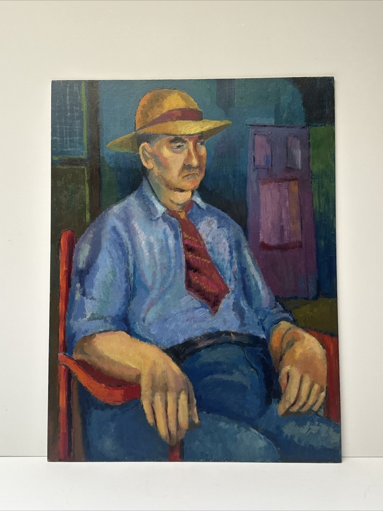 Mid Century Painting Portrait Man Men Urban Modernist Thorpe Vintage 24” Oil