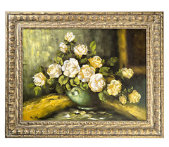 VTG Framed Original Oil on Canvas Floral Still Life, White & Yellow Roses 24×18″