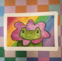 Original watercolor and ink ACEO rainbow flower frog