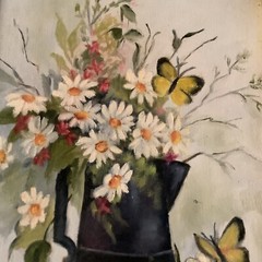 Original Oil painting canvas signed Holly daisy butterflies burlap framed 13″x15