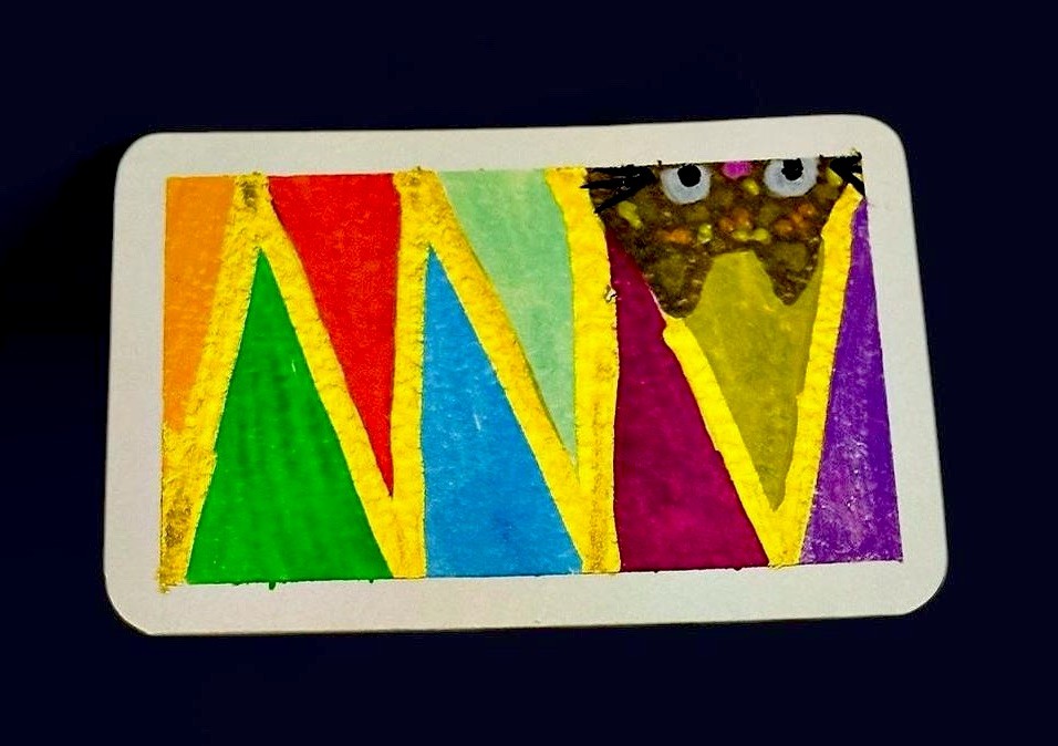 Rainbow Angles & Calico Eyes Cat – Mixed Media Acrylic Art Cat ACEO