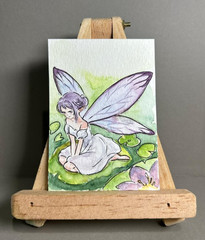 ACEO Original Watercolor Painting OOAK Fantasy Art Purple Fairy Lily Pad Anime