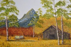 Vintage Art Painting Original Barn Wagon Fall Color Poplar Mountains Joshua Tree
