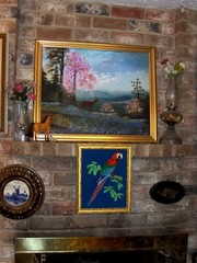 Lovely Bird Tree Branch Oil on Green Velvet Original Hand made Painting Framed