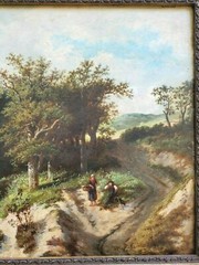 Original Antique 1800s Oil on Board Painting Bucolic Figural Landscape w/ Frame