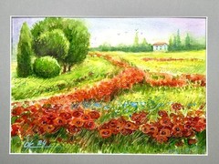 Original Watercolor Painting Landscape poppy field Provence farm red flowers A4