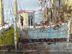 P.STIRRAT SMALL SEASCAPE Fishing BOATS AT DOCK OIL ON CANVAS PAINTING