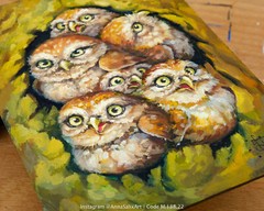 Original Cute Owlets Oil Painting, Small Birds Portrait Animals Impasto Wall Art